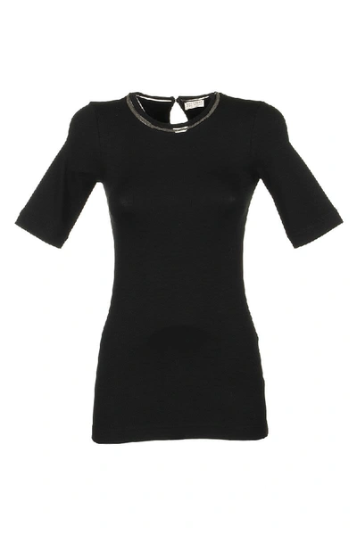 Shop Brunello Cucinelli Short Sleeve T-shirt Stretch Cotton Ribbed Jersey T-shirt With Shiny Tulle Insert In Black