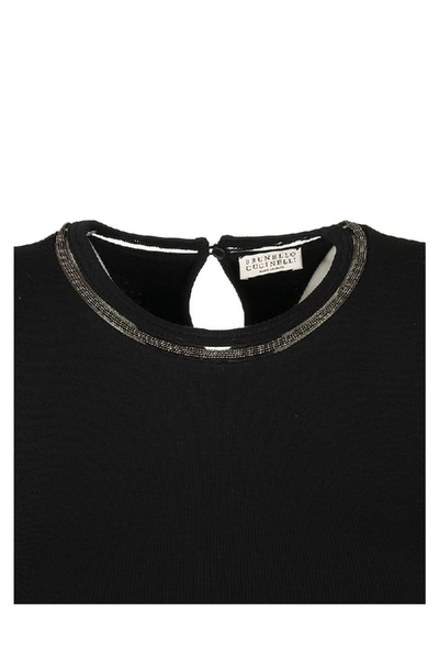 Shop Brunello Cucinelli Short Sleeve T-shirt Stretch Cotton Ribbed Jersey T-shirt With Shiny Tulle Insert In Black