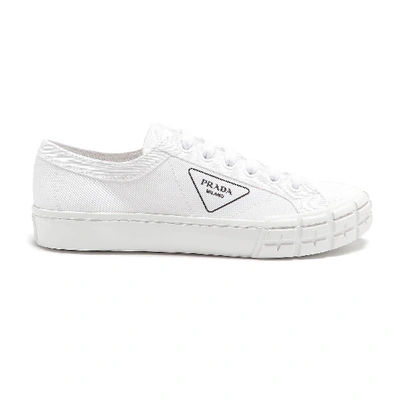 Shop Prada Sneakers In Tessuto Bianche Con Logo In Beige