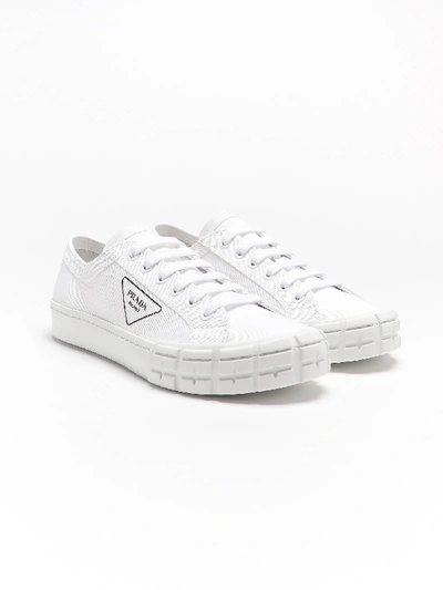 Shop Prada Sneakers In Tessuto Bianche Con Logo In Beige