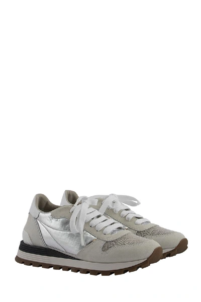 Shop Brunello Cucinelli Sneakers Suede And Sparkling Rip-stop Runners With Precious Toe In White