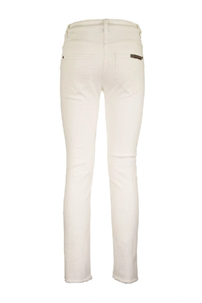 Shop Brunello Cucinelli Stretch Cotton Dyed Denim Slim Fit Five-pocket Trousers With Monili In White