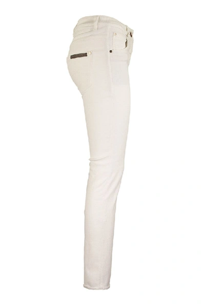 Shop Brunello Cucinelli Stretch Cotton Dyed Denim Slim Fit Five-pocket Trousers With Monili In White