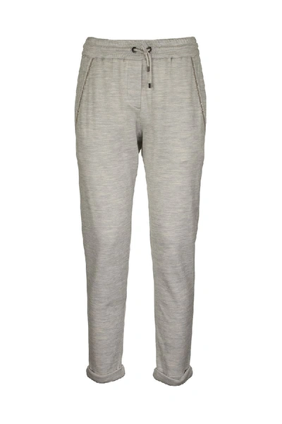 Shop Brunello Cucinelli Stretch Cotton Lightweight French Terry Trousers With Monili In Light Grey