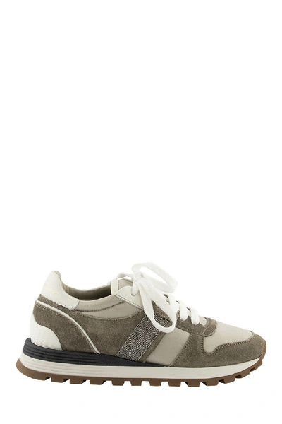 Shop Brunello Cucinelli Suede And Techno Fabric Sneakers With Precious Band In Beige