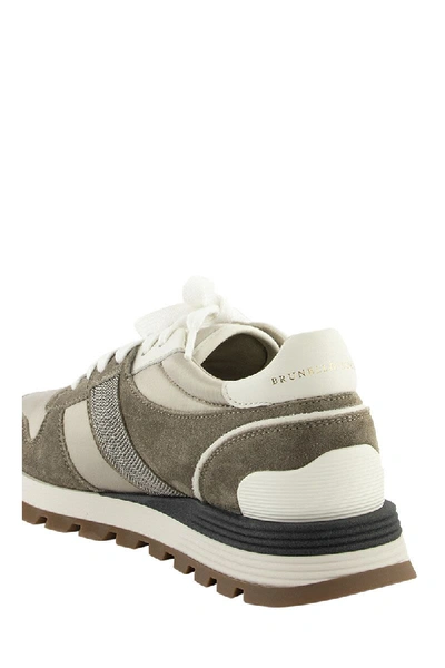Shop Brunello Cucinelli Suede And Techno Fabric Sneakers With Precious Band In Beige