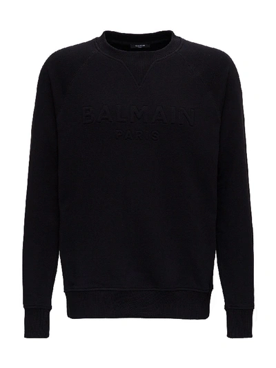 Shop Balmain Cotton Sweatshirt With Embossed Logo In Black