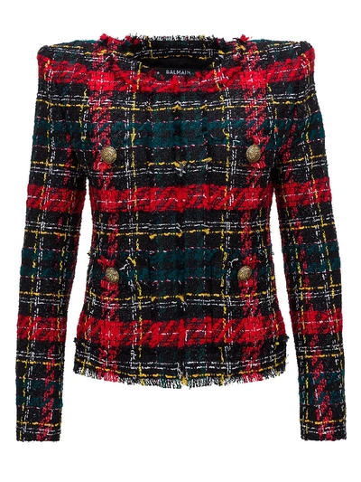 Shop Balmain Tartan Bouclé Tweed Jacket In Red