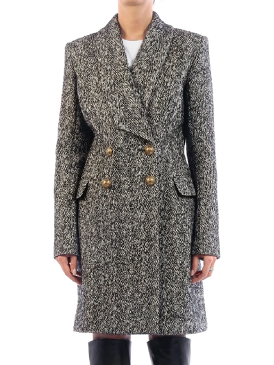 Shop Balmain Textured Double-breasted Coat In Grey