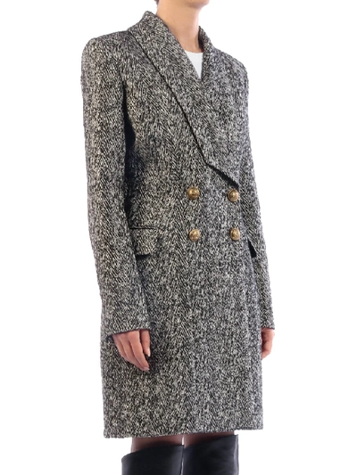 Shop Balmain Textured Double-breasted Coat In Grey