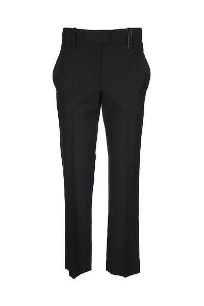 Shop Brunello Cucinelli Tropical Luxury Wool High-waist Cigarette Trousers With Shiny Loop In Black
