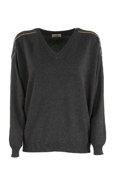 Shop Brunello Cucinelli V-neck Sweater Cashmere Sweater With Shiny Shoulder Embroidery In Dark Grey