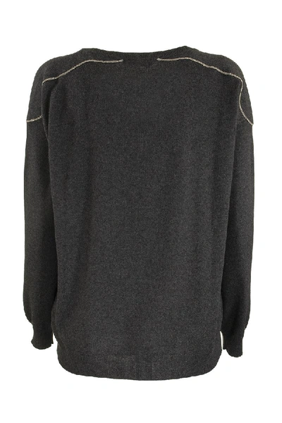 Shop Brunello Cucinelli V-neck Sweater Cashmere Sweater With Shiny Shoulder Embroidery In Dark Grey