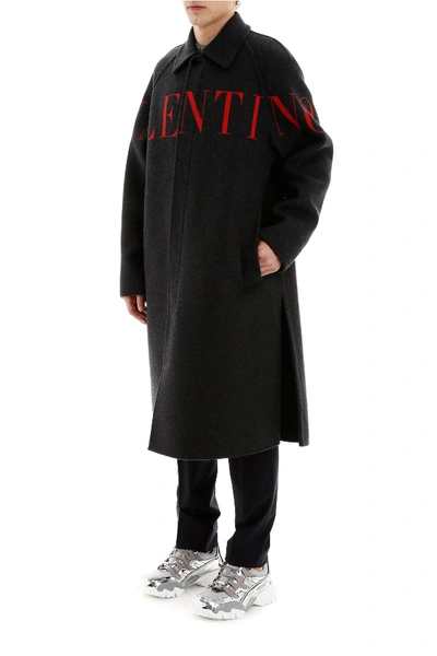 Shop Valentino Logo Coat In Dark Melange Grey