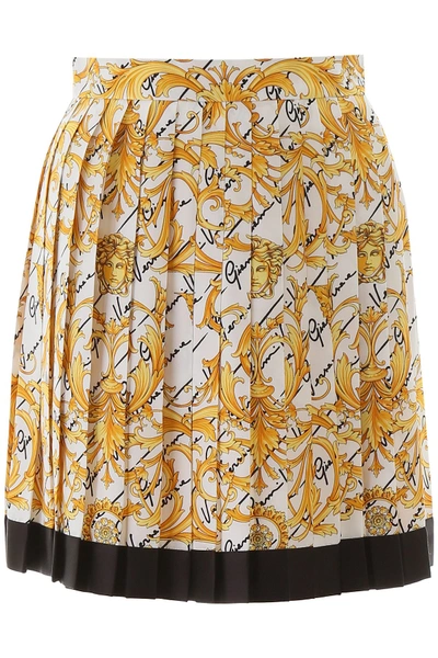 Shop Versace Barocco Signature Pleated Mini Skirt In F Do Bianco Oro