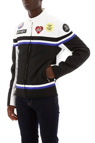 Shop Versace Nylon Biker Jacket In Nero Bianco Bluette