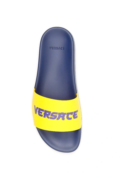 Shop Versace Pvc Logo Slides In Giallo Bluette