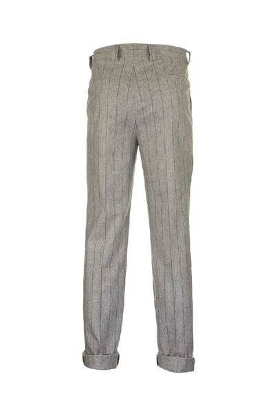 Shop Brunello Cucinelli Virgin Wool Chalk Stripe Flannel Smooth Fit Trousers With Double Pleat In Grey