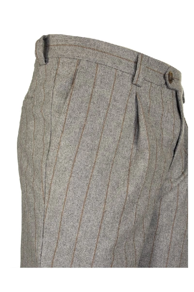 Shop Brunello Cucinelli Virgin Wool Chalk Stripe Flannel Smooth Fit Trousers With Double Pleat In Grey