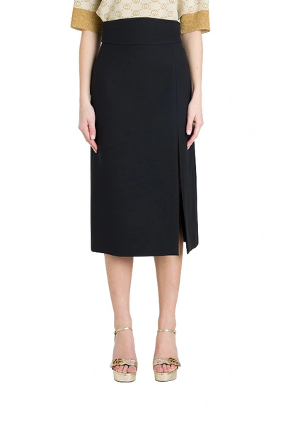 Shop Gucci Wool And Silk Skirt With Slit In Black