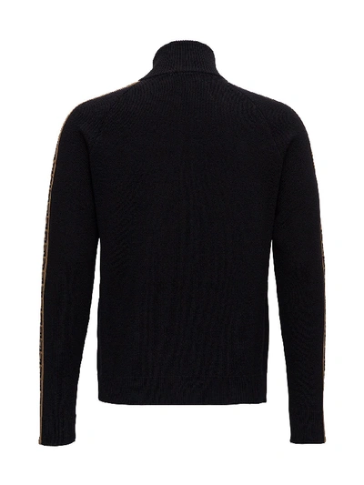 Shop Fendi Woolen Knit Track Jacket With Ff Taping In Black