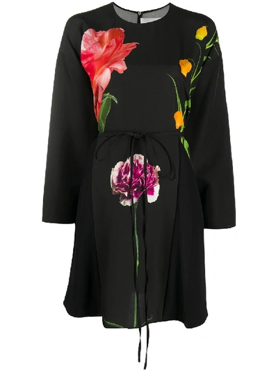 Shop Valentino Floral-print Long-sleeve Dress In Black