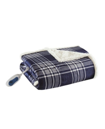 Shop Woolrich Ridley Plaid Electric Faux-mink To Berber Throw, 60" X 70" In Navy