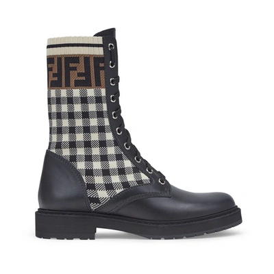 Shop Fendi Leather Biker Boots With Stretch Fabric In Noir