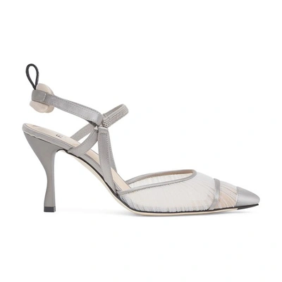 Shop Fendi Grey Tulle And Satin High-heeled Slingbacks In Gris