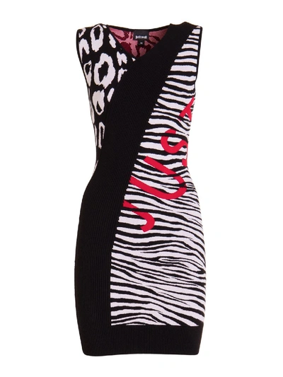 Shop Just Cavalli Animal Print Knitted Dress In Black And White