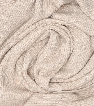 Shop Ganni Ribbed-knit Wool-blend Scarf In Beige