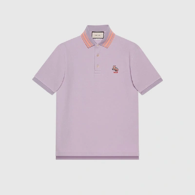 Shop Gucci Cotton Piquet Polo With Cat Patch In 浅紫色