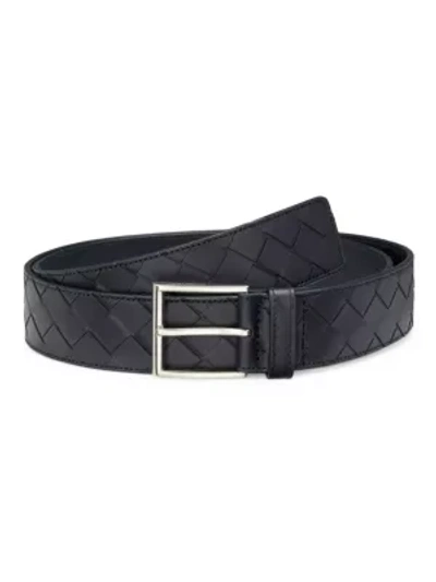 Shop Bottega Veneta Men's Intrecciato Leather Belt In Midnight Silver