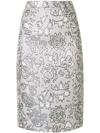 Shop Andrew Gn Floral Brocade Pencil Skirt In Silver