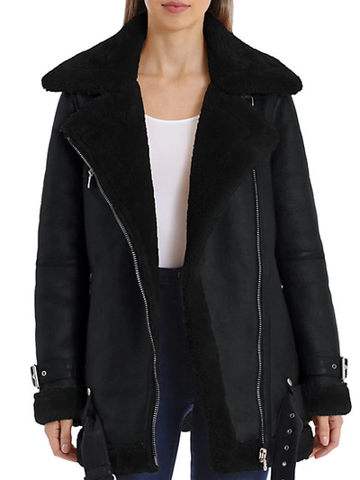 Shop Avec Les Filles Faux Fur-trim Biker Jacket In Black