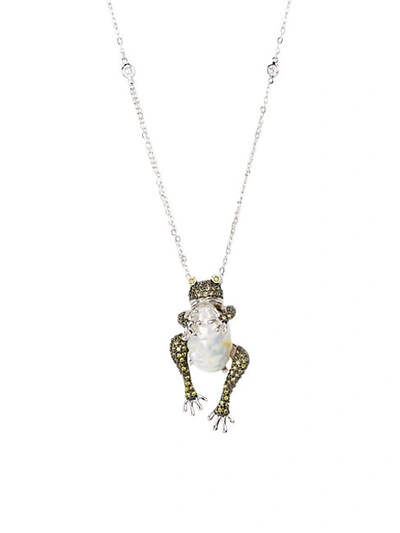 Shop Cz By Kenneth Jay Lane Animal Trend Rhodium-plated, Freshwater Pearl & Crystal Frog Pendant Necklace