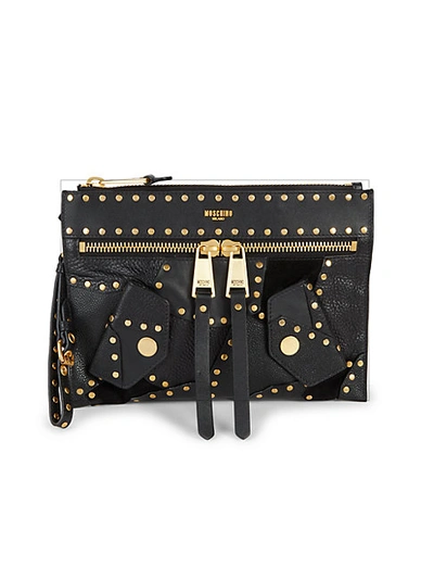 Shop Moschino Studded Leather Clutch In Black