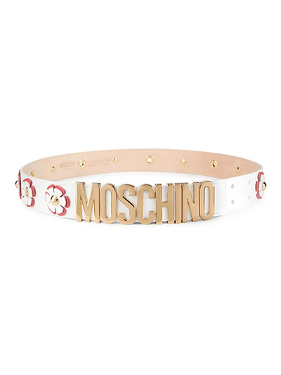 Shop Moschino Logo Leather Slim Belt In White