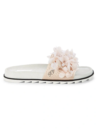 Shop Roger Vivier Floral Embellished Slides In White Beige