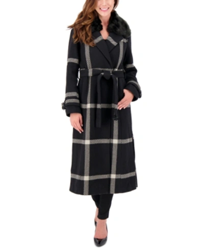 Shop Vince Camuto Faux-fur-collar Plaid Maxi Coat In Black/grey Plaid