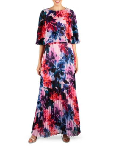 Shop Donna Ricco Pleated Maxi Dress & Popover Shrug In Navy Mutli
