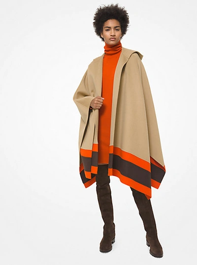 Shop Michael Kors Striped Double Face Cashgora Hooded Cape In Natural
