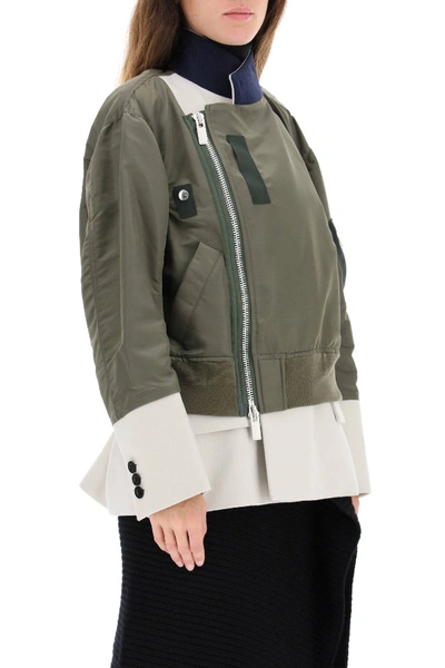 Shop Sacai Double Layer Nylon Bomber Jacket In Green,white