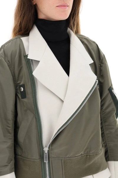 Shop Sacai Double Layer Nylon Bomber Jacket In Green,white