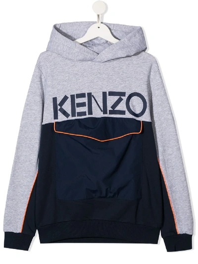 Shop Kenzo Teen Logo Print Colour-block Hoodie In Blue