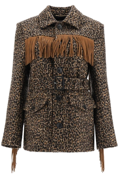 Shop Saint Laurent Leopard Jacket With Fringes In Black,brown,beige