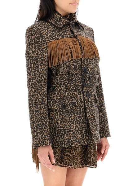Shop Saint Laurent Leopard Jacket With Fringes In Black,brown,beige