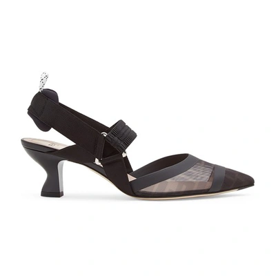 Shop Fendi Black Leather And Mesh Slingbacks With Medium Heel In Noir