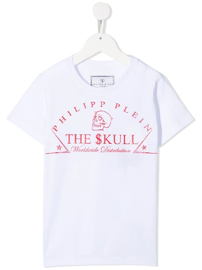 Shop Philipp Plein Junior Round Neck Skull Slogan T-shirt In White