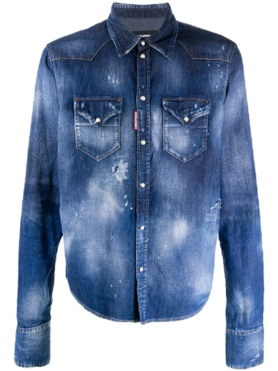 Shop Dsquared2 Distressed Denim Shirt In Blue